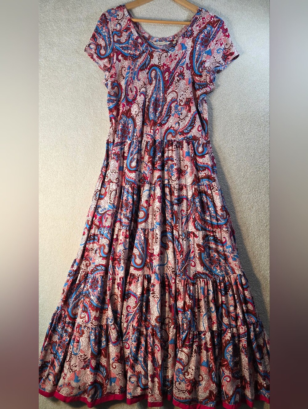 Soft Surroundings Kara Framboise Paisley Midi Dress Cap Sleeves Resort Boho L